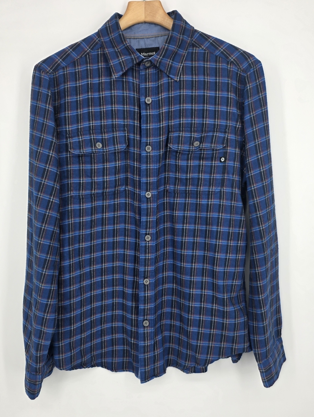 Marmot Shirt Mens Medium Long Sleeve Button Flannel Blue Black White Stripes